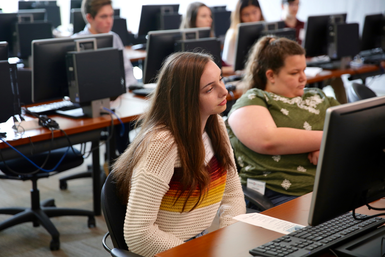 girl looking at computer monitor